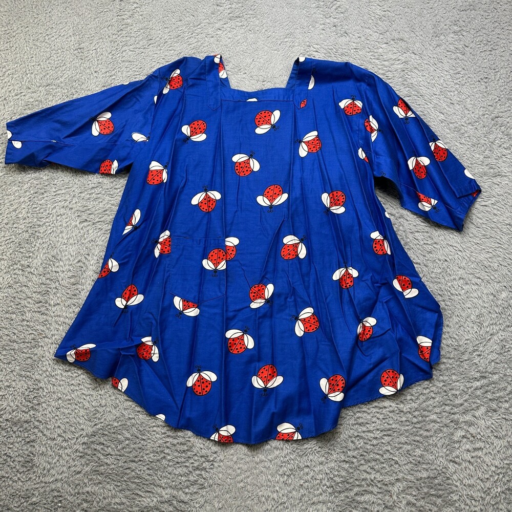 Vintage 70s Smock Shirt Womens M Blue Lady Bug Open Back Top
